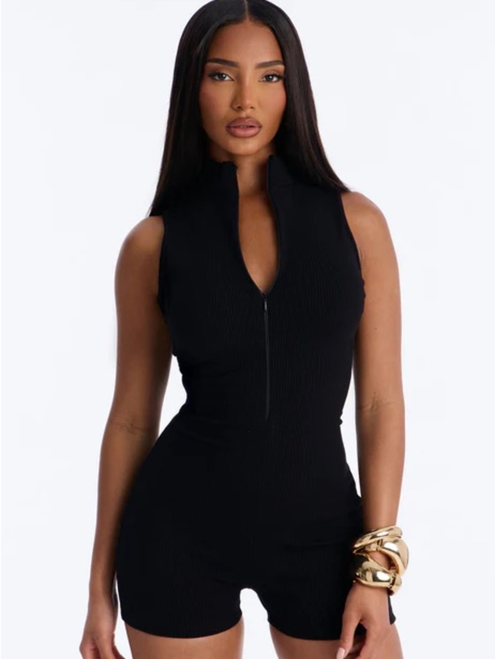 Fashion Nova Black Sleeveless Ribbed Zip-Front Romper